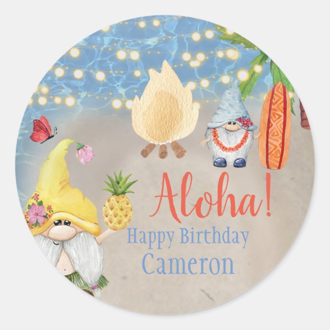 Sticker Rond Gnomes Tropical sur la Beach Luau Party (Devant)