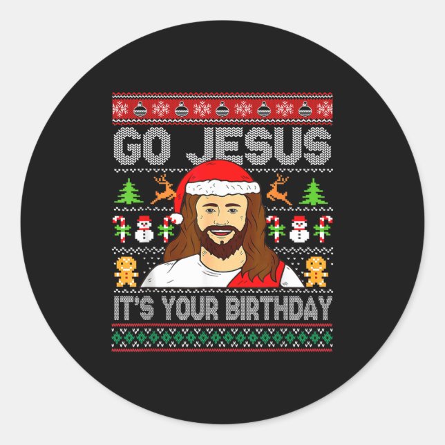 Sticker Rond Go Jesus It's Your Birthday Ugly Christmas Sweater (Devant)