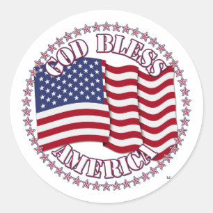 Sticker Rond God Bless America With USA Flag Et 50 Stars
