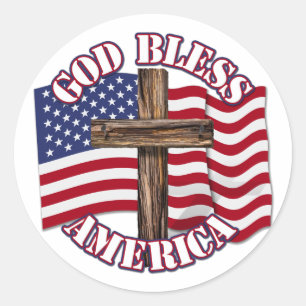 Sticker Rond God Bless American with USA Flag & Cross