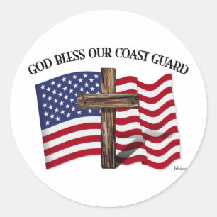 Sticker Rond GOD BLESS COAST GARDE avec croix robuste et drapea