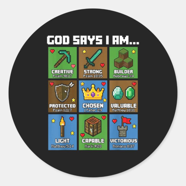 Sticker Rond God Says I Am Bible Verses Xel Art Christian Gamer (Devant)