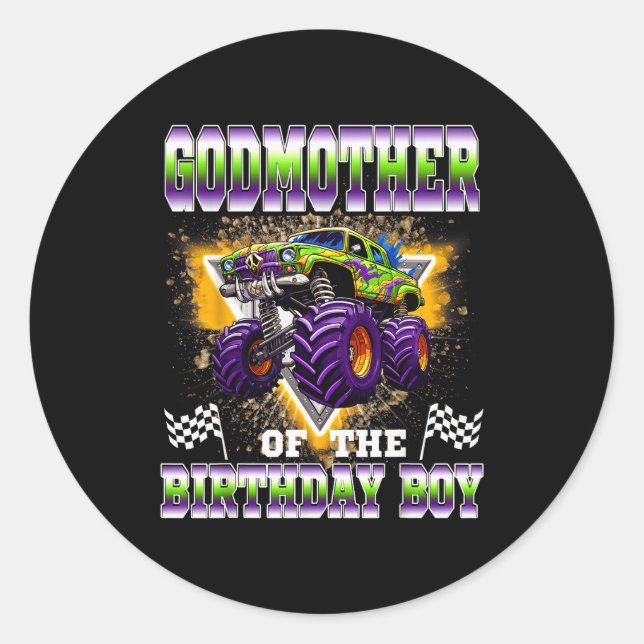 Sticker Rond Godmother Of The Birthday Boy Monster Truck Birthd (Devant)