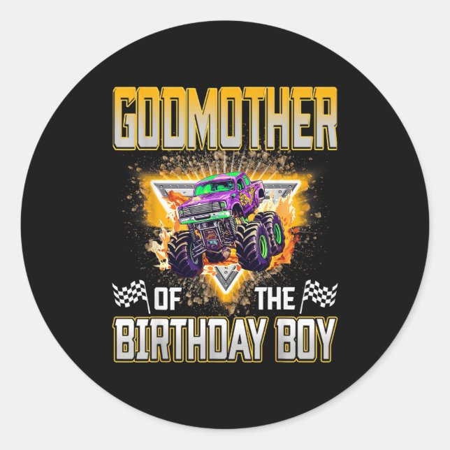 Sticker Rond Godmother Of The Birthday Boy Monster Truck Birthd (Devant)