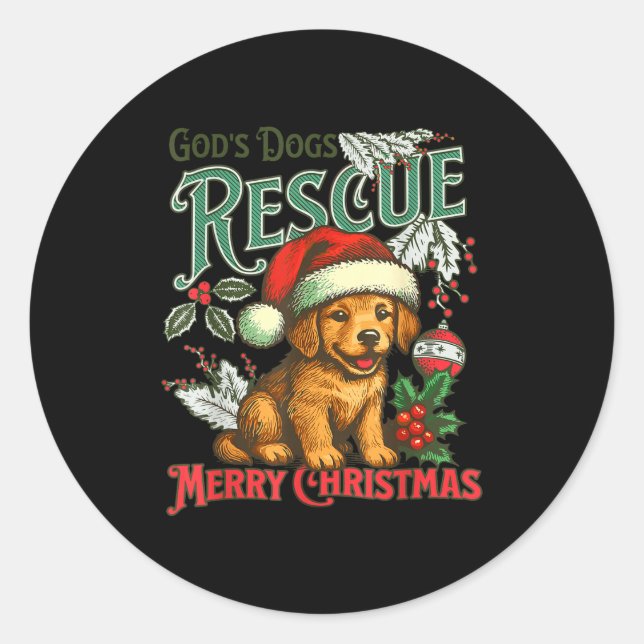 Sticker Rond God's Dogs Rescue Christmas Santa Golden Retriever (Devant)