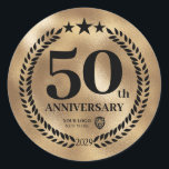 Sticker Rond Gold 50th Anniversary Business Logo Commemorative<br><div class="desc">sticker 50e anniversaire de style feuille d'or avec le logo de l'entreprise. Design décoratif avec une branche de laurier et des étoiles. Le logo peut être modifié pour le texte en cliquant sur le bouton pour modifier la conception.</div>