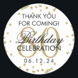 Sticker Rond Gold 80e anniversaire Merci Parties scintillant<br><div class="desc">Elégant 80e anniversaire "Merci" Gold Faux Parties scintillant Confetti faveur tag modèle.</div>