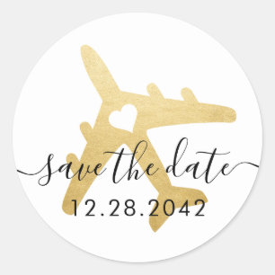 Sticker Rond Gold Airplane thème Voyage de coeur Enregistrer la