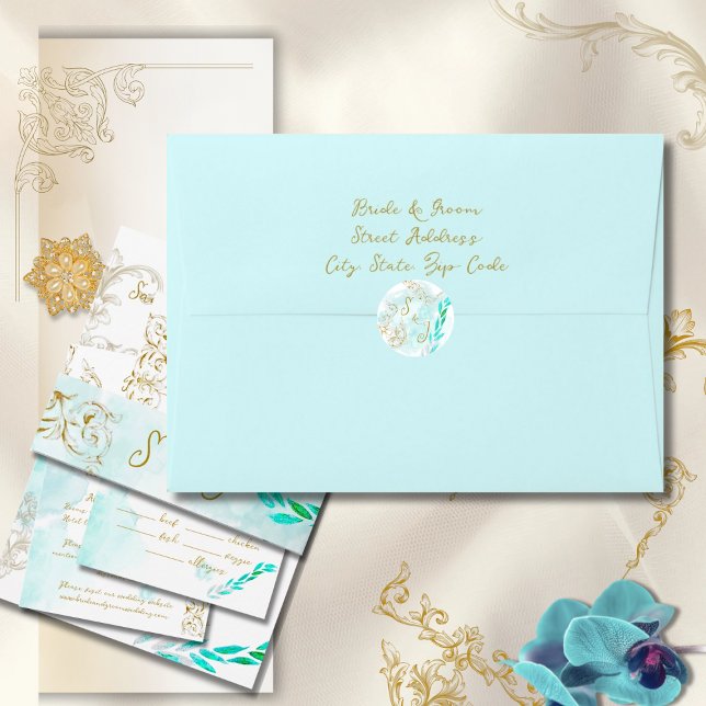 Sticker Rond Gold Baroque Turquoise Élégant Mariage Vintage (Créateur téléchargé)