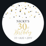 Sticker Rond Gold & Black 30th Birthday Favor Merci<br><div class="desc">Cet autocollant simple en or et noir ajoutera des détails élégants à votre journée spéciale. Ce design présente un script doré moderne "30th Birthday",  un confetti hexagone avec du texte personnalisé. Des invitations d'anniversaire et des fournitures de fête sont disponibles dans ma boutique BaraBomDesign.</div>