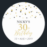 Sticker Rond Gold & Black 30th Birthday Favor Merci<br><div class="desc">Cet autocollant simple en or et noir ajoutera des détails élégants à votre journée spéciale. Ce design présente un script doré moderne "30th Birthday",  un confetti hexagone avec du texte personnalisé. Des invitations d'anniversaire et des fournitures de fête sont disponibles dans ma boutique BaraBomDesign.</div>