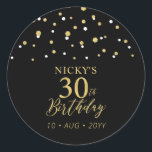 Sticker Rond Gold & Black 30th Birthday Favor Merci<br><div class="desc">Cet autocollant simple en or et noir ajoutera des détails élégants à votre journée spéciale. Ce design présente un script doré moderne "30th Birthday",  un confetti hexagone avec du texte personnalisé. Des invitations d'anniversaire et des fournitures de fête sont disponibles dans ma boutique BaraBomDesign.</div>
