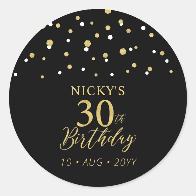 Sticker Rond Gold & Black 30th Birthday Favor Merci (Devant)