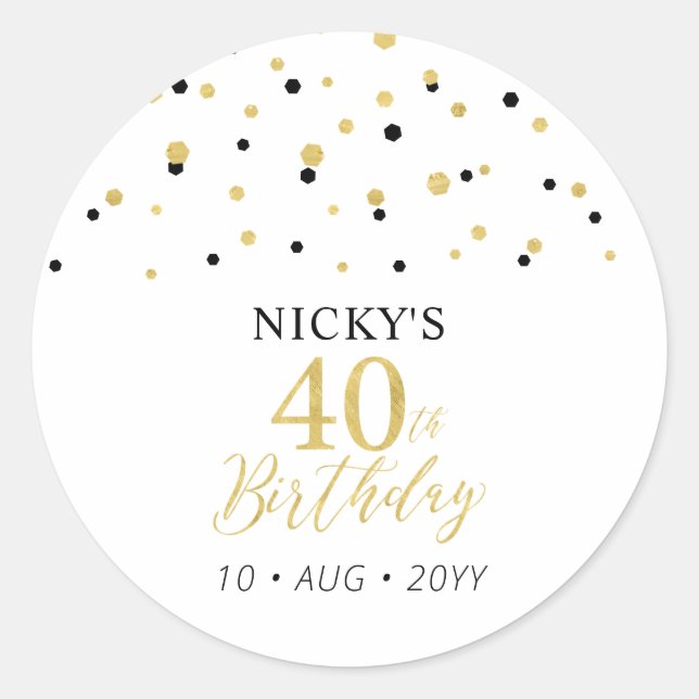 Sticker Rond Gold & Black 40th Birthday Favor Merci (Devant)