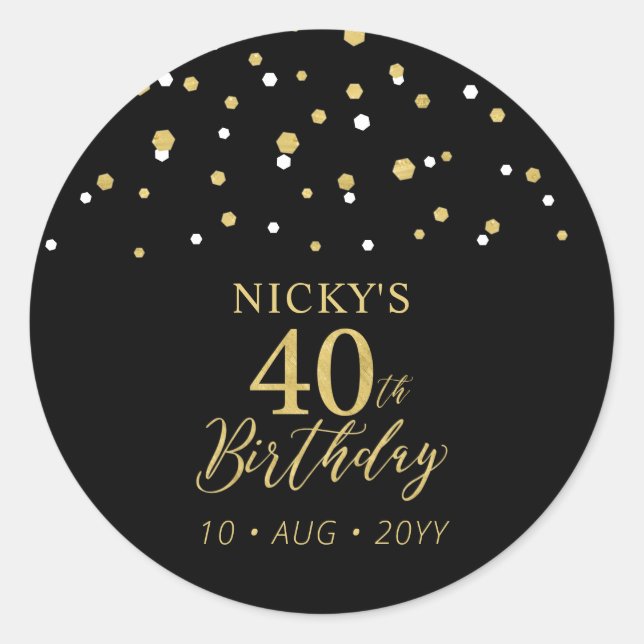 Sticker Rond Gold & Black 40th Birthday Favor Merci (Devant)