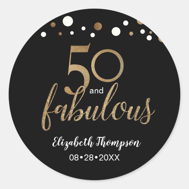 Sticker Rond Gold Black 50 et fabuleuse fête d'anniversaire (Devant)