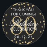 Sticker Rond Gold Black 80th Birthday Merci Parties scintillant<br><div class="desc">Elégant 80e anniversaire "Merci" Gold Faux Parties scintillant Confetti Black préférence tag modèle.</div>