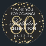 Sticker Rond Gold Black 80th Birthday Merci Parties scintillant<br><div class="desc">Elégant 80e anniversaire "Merci" Gold Faux Parties scintillant Confetti Black préférence tag modèle.</div>