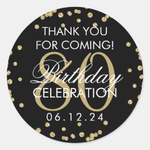 Sticker Rond Gold Black 80th Birthday Merci Parties scintillant