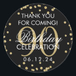 Sticker Rond Gold Black 90th Birthday Merci Parties scintillant<br><div class="desc">Elégant 90e anniversaire "Merci" Gold Faux Parties scintillant Confetti Black préférence tag modèle.</div>