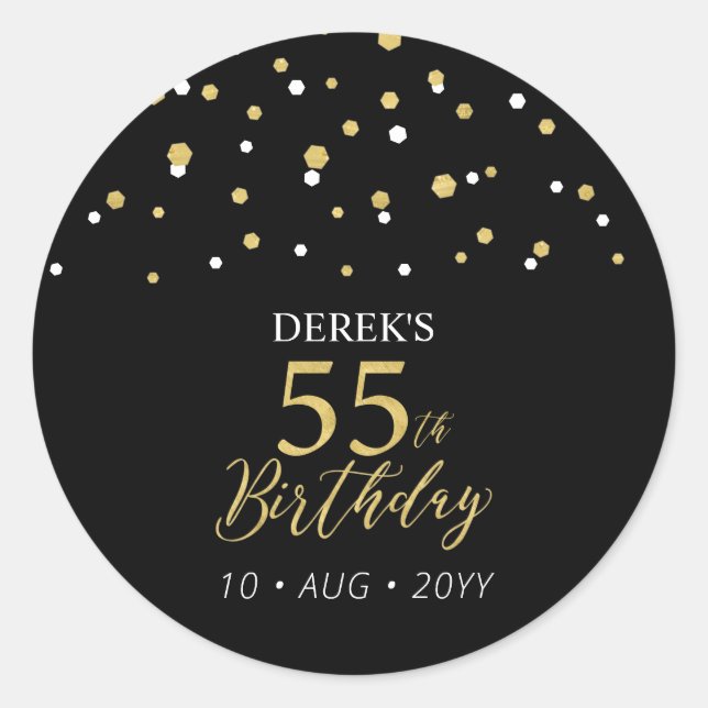 Sticker Rond Gold & Black Confetti 55e Anniversaire Fête Faveur (Devant)