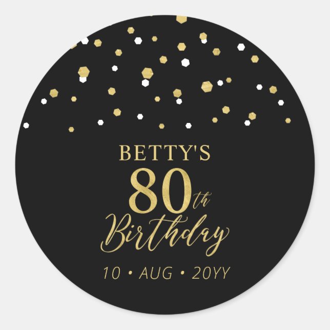 Sticker Rond Gold & Black Confetti 80e fête d'anniversaire Favo (Devant)