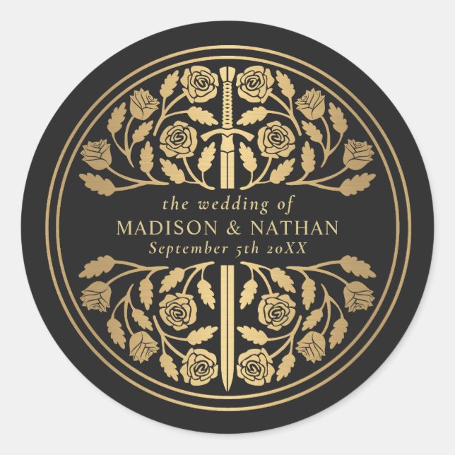 Sticker Rond Gold Black Royal Medieval Sword Wedding  (Devant)