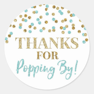 Sticker Rond Gold Blue Confetti Merci pour Popping By