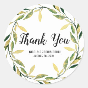 Sticker Rond Gold Botanique Feuille verte Wreath Mariage rustiq