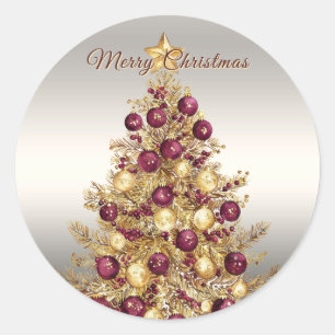 Sticker Rond Gold Burgundy Arbre de Noël Holiday Classic Round
