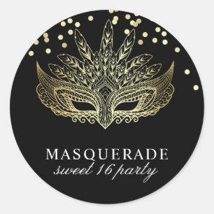 Sticker Rond Gold Confetti Masquerade Sweet 16 Party