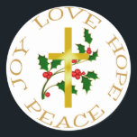 Sticker Rond Gold Cross Holly Christmas Hope<br><div class="desc">C'est un joli autocollant pour une utilisation polyvalente pendant la saison des Fêtes, et il porte la véritable signification de Noël en elle. Il comporte une croix d'or avec une branche de saint, représentant les épines de la couronne du Christ, la vie éternelle, et le sang versé pour notre salut....</div>