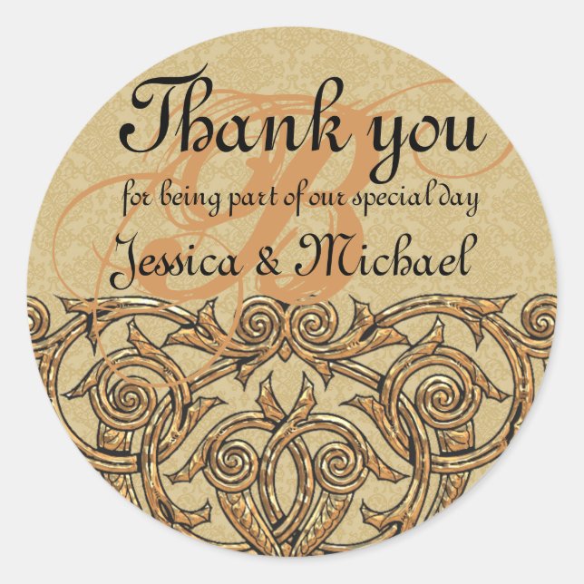 Sticker Rond Gold Damask Custom Monogramme Mariage Faveur Sceau (Devant)