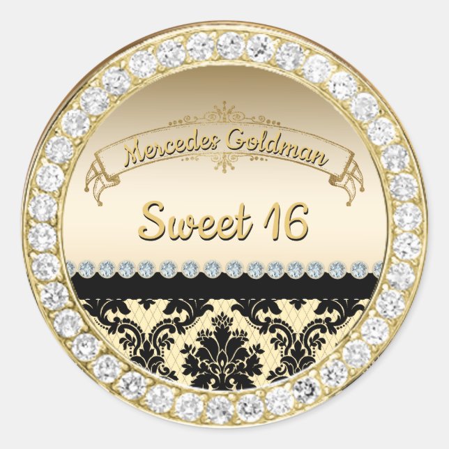 Sticker Rond Gold Damask & Diamonds Sweet 16 Anniversaire (Devant)