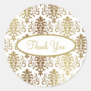 Sticker Rond Gold Damask White Script Mariage Élégant Merci