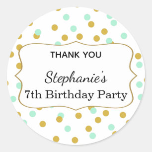 Sticker Rond Gold et Mint Green Confetti fête d'anniversaire