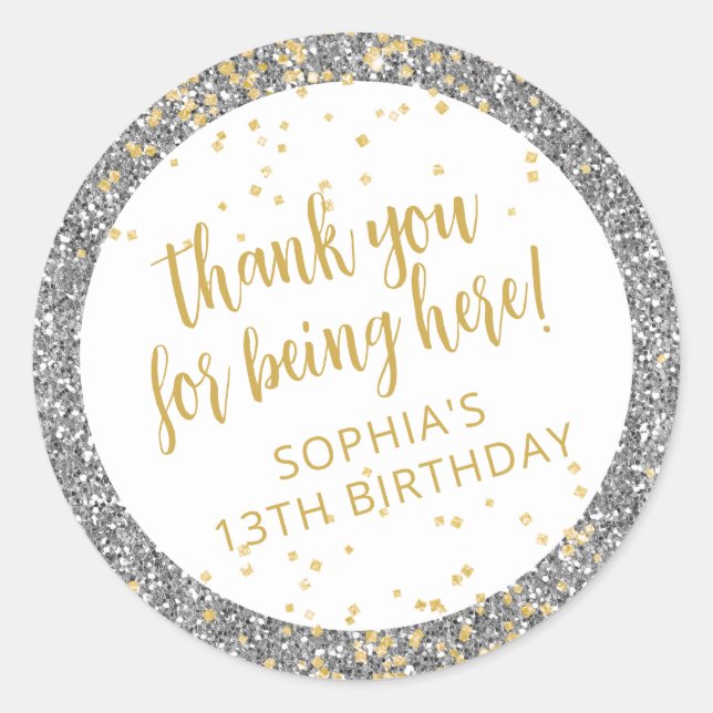 Sticker Rond Gold et Parties scintillant argent Merci Anniversa (Devant)