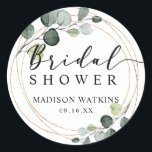 Sticker Rond Gold Eucalyptus Fête des mariées verte Favoriser<br><div class="desc">Elégante végétation d'eucalyptus avec des cercles d'or cadrent script et typographie classique "douche nuptiale" pour la douche nuptiale favorise l'autocollant de phoque.</div>