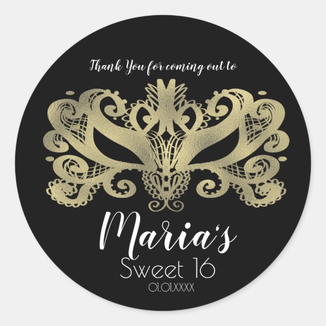 Sticker Rond Gold Faux Foil Masquerade Masque Fête Favoriser (Devant)