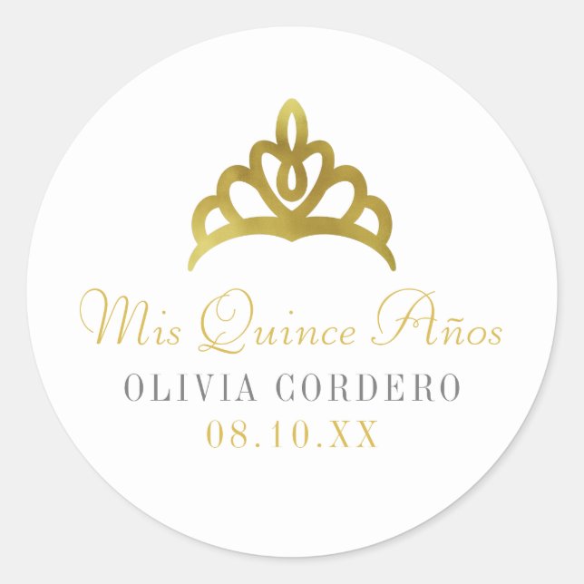Sticker Rond Gold Faux Foil Tiara Quinceañera (Devant)