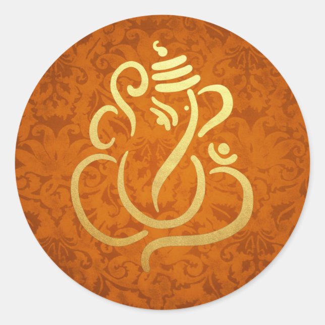 Sticker Rond Gold Festive Ganesh | Inde Damask Orange (Devant)