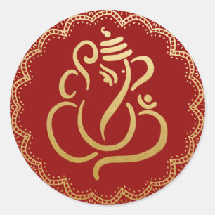 Sticker Rond Gold Festive Ganesh Indian God Red