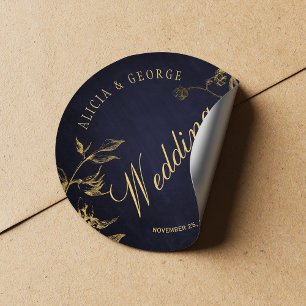 Sticker Rond Gold feuillage bleu marine chic mariage calligraph