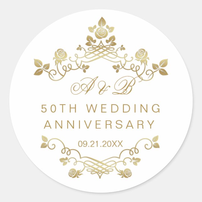 Sticker Rond Gold Floral 50e anniversaire Mariage Classic Roun (Devant)