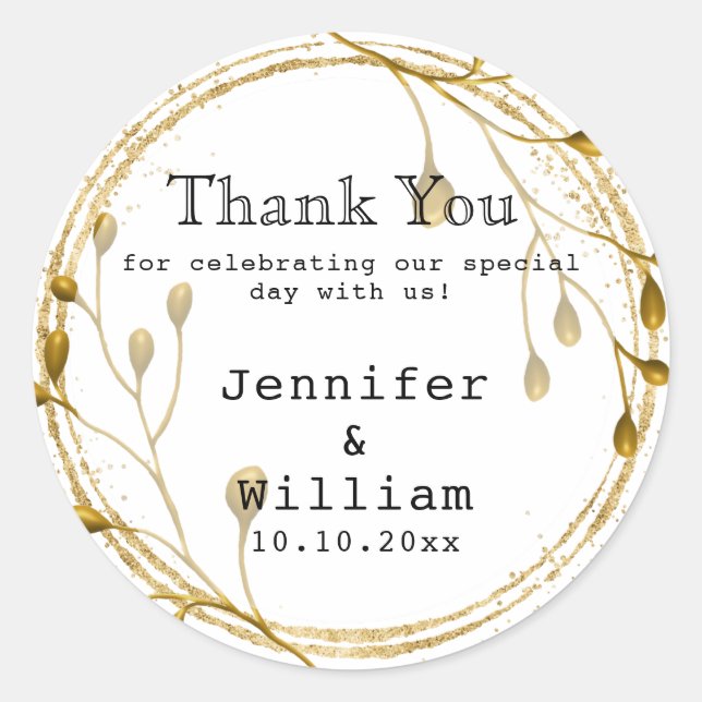 Sticker Rond Gold Floral Eucalyptus Merci Mariage (Devant)
