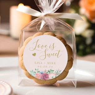 Sticker Rond Gold Floral Love est Sweet Wedding Favor Pink