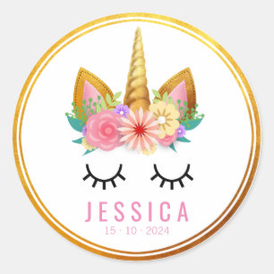 Sticker Rond Gold Floral Unicorn Party