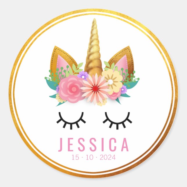 Sticker Rond Gold Floral Unicorn Party (Devant)