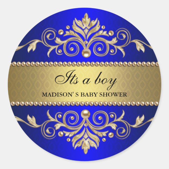 Sticker Rond Gold Flourish Blue Elegant Baby shower C'est un ga (Devant)