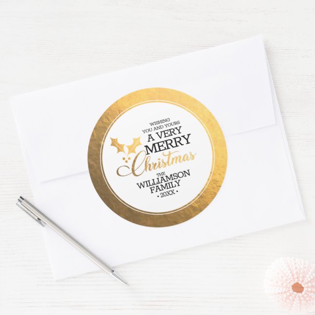 Sticker Rond Gold Foil Holly Joyeux Noël (Enveloppe)